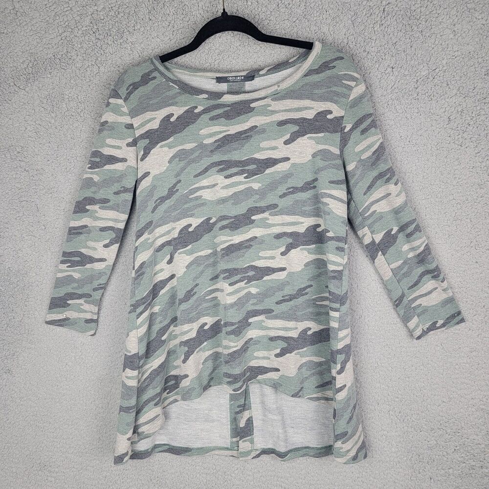Coin 1804 Los Angeles Tunic Top Womens Medium Camo Green Gray High Low Buttons